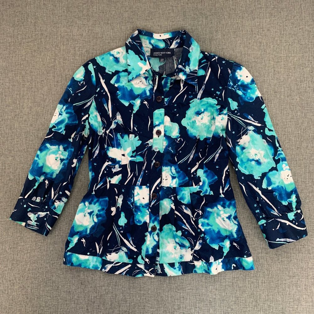 Jones New York Blue‎ Floral Button Down Blouse Small 3/4 Sleeves Collared Cotton